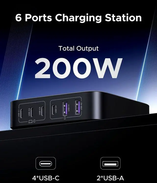 Alt view image 2 of 7 - Nexode 200W GaN USB C Charging Station 6-Port Desktop Charger for MacBook Pro/Air iPad Pro/Air iPhone 17/16/15 Series Galaxy S25/S24 Ultra Pixel 10/9 Steam Deck