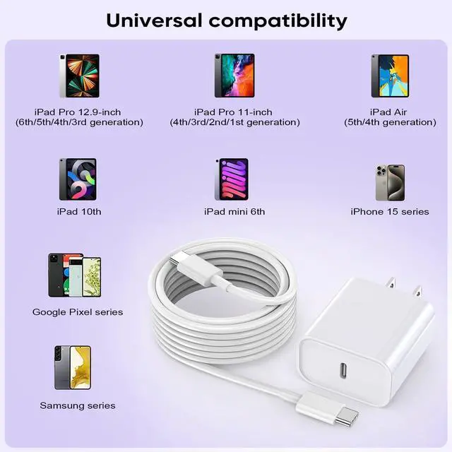 Alt view image 4 of 7 - 10FT  iPad Charger Fast Charging 20W USB C Fast Charger Adapter 10Foot Long USB Type C to C Cable Cord for iPad Pro 12.9 iPadPro 11/13inch(M4) iPadAir 5th/4th iPadmini 6/7 iPad10/11th A16