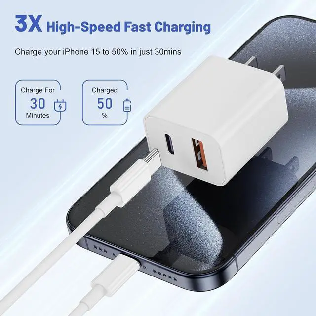 Alt view image 4 of 7 - [10FT+10FT] for iPhone 17Air 16e 15 Dual Port 20W PD Fast Charger 2Pack USB C Wall Charger Adapter with Extra Long USB C Fast Charging Cable for iPhone 17Air 16 15 /Pro/Pro Max/Plus iPad and More