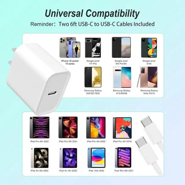 Alt view image 6 of 7 - iPhone Charger 2 Pack 20W USB C Fast Wall Charger Block with 2 Pack 6 FT USB-C to C Cable for iPhone 17 16 15 Plus/Pro/Pro Max/iPad Pro/Air/Mini Galaxy AirPods Pro