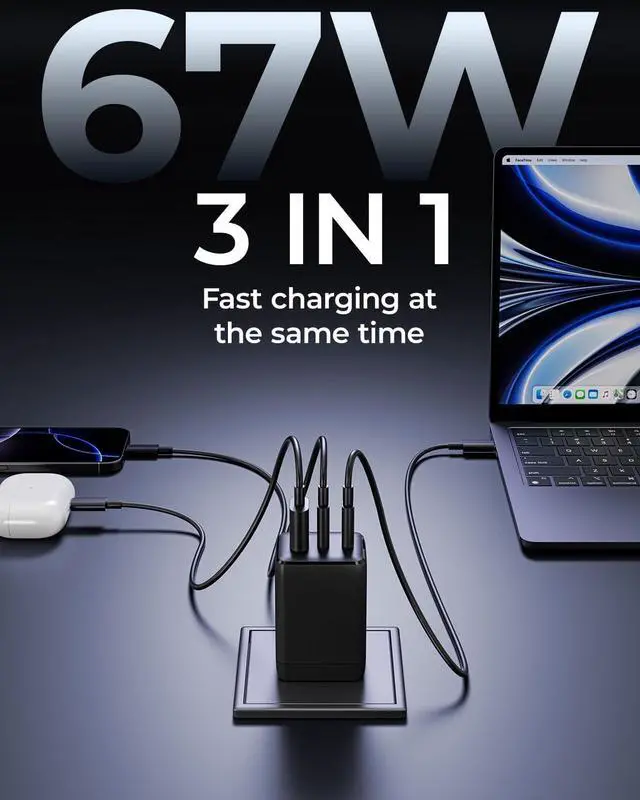 Alt view image 2 of 7 - 67W USB C Charger 3-Port GaN Fast Charging Block with Foldable Plug Compatible with MacBook Pro/Air iPad Pro iPhone 16/15/Pro Galaxy S25/S24 Note20 Pixel  Watch (Black)