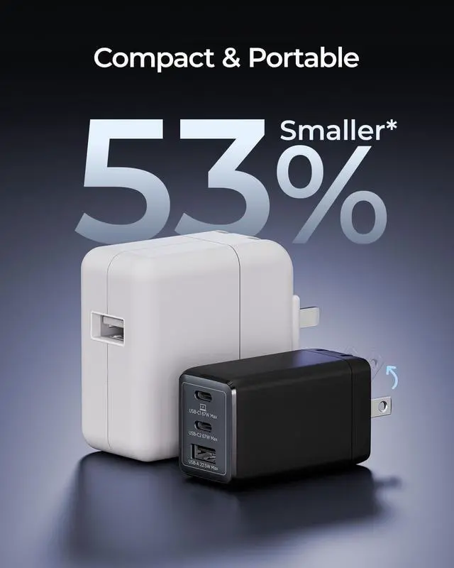 Alt view image 3 of 7 - 67W USB C Charger 3-Port GaN Fast Charging Block with Foldable Plug Compatible with MacBook Pro/Air iPad Pro iPhone 16/15/Pro Galaxy S25/S24 Note20 Pixel  Watch (Black)