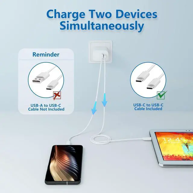 Alt view image 2 of 5 - 20W Type C Fast Charger with 2 Ports for  Galaxy Tab A9+ 12.4 A8 10.5 A7 10.4 Tab S10+/S10 Ultra/S9/S8/S9+/S9Ultra/S9 FE/S8+/S8 Ultra SM-X210/X200/X700/X800 SM-T500/T220 with 3A Fast Cable