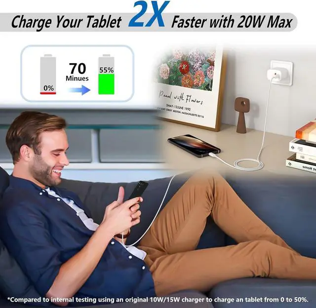 Alt view image 3 of 5 - 20W Type C Fast Charger with 2 Ports for  Galaxy Tab A9+ 12.4 A8 10.5 A7 10.4 Tab S10+/S10 Ultra/S9/S8/S9+/S9Ultra/S9 FE/S8+/S8 Ultra SM-X210/X200/X700/X800 SM-T500/T220 with 3A Fast Cable