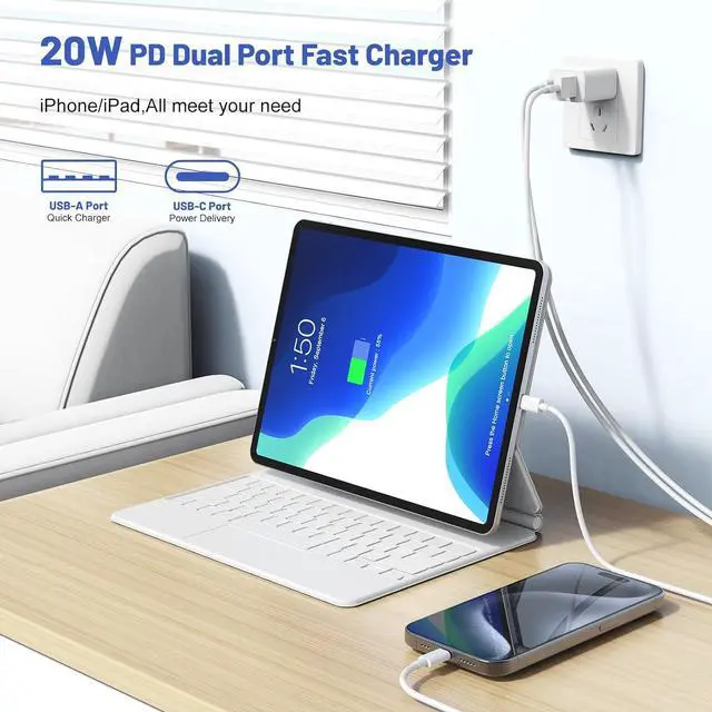 Alt view image 2 of 7 - [10FT+10FT] for iPhone 17Air 16e 15 Dual Port 20W PD Fast Charger 2Pack USB C Wall Charger Adapter with Extra Long USB C Fast Charging Cable for iPhone 17Air 16 15 /Pro/Pro Max/Plus iPad and More
