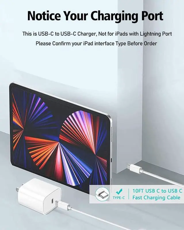 Alt view image 2 of 7 - 10FT iPad Charger Cord 20W USB C Fast Charger with Long Charging Cable for iPad Pro 13/12.9/11 inch iPad 10th Generation iPad A16 11th Generation iPad Air 13/11 inch/5th/4th iPad mini 6/7th