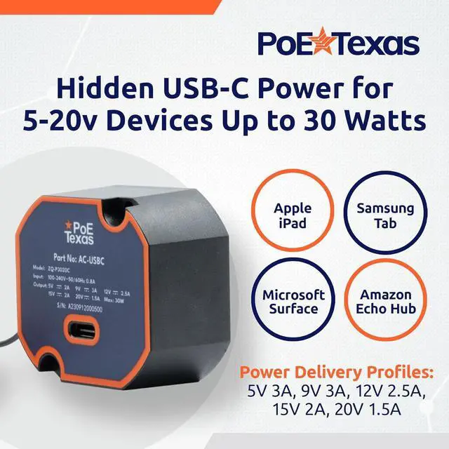 Alt view image 4 of 6 - in-Wall AC to USB-C Power Adapter - Max Output 30W Charger for USB-C Devices with Power Profiles from 5-20V - Compact Design Flush Wall Mounting Tablets