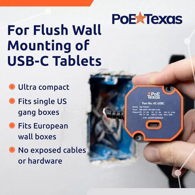 Alt view image 3 of 6 - in-Wall AC to USB-C Power Adapter - Max Output 30W Charger for USB-C Devices with Power Profiles from 5-20V - Compact Design Flush Wall Mounting Tablets