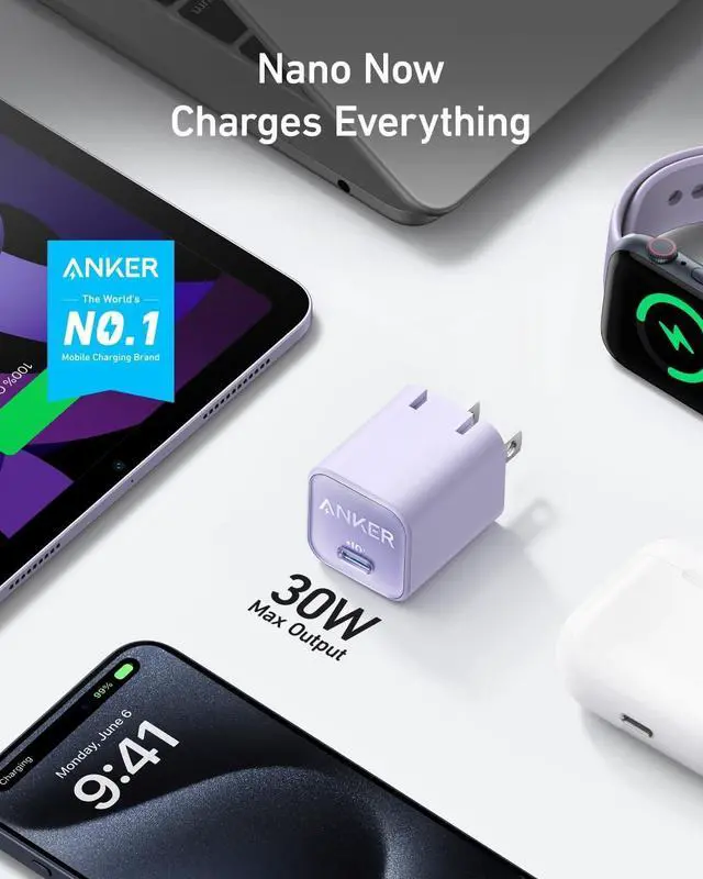 Alt view image 2 of 6 - Nano Charger USB C GaN Charger 30W PIQ 3.0 Foldable PPS Fast Charger for iPhone 17/16 and More Series Galaxy iPad Compatible with MagSafe (Violet)