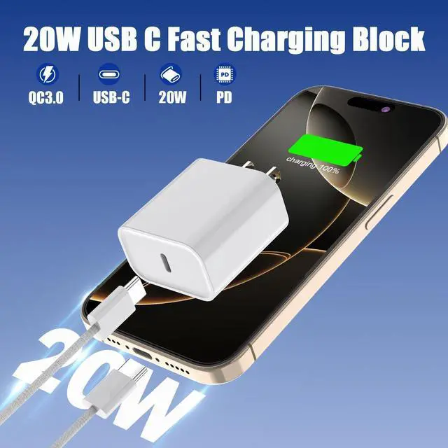 Alt view image 2 of 7 - Fast Charger for iPhone 17 16  MFi Certified20W Type C Wall Charger Block with 10Foot USB C to C Woven Braided Cable for iPhone 17/17 Air/17 Pro Max/17 Pro/16/16 Pro Max/16 Plus/15/iPad/Airpods