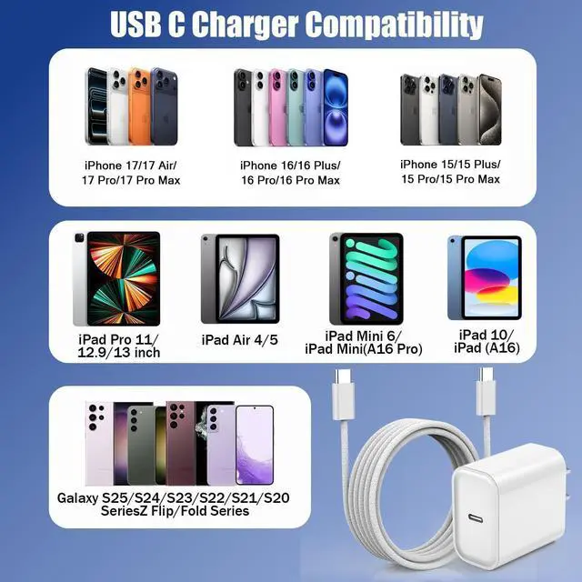 Alt view image 6 of 7 - Fast Charger for iPhone 17 16  MFi Certified20W Type C Wall Charger Block with 10Foot USB C to C Woven Braided Cable for iPhone 17/17 Air/17 Pro Max/17 Pro/16/16 Pro Max/16 Plus/15/iPad/Airpods