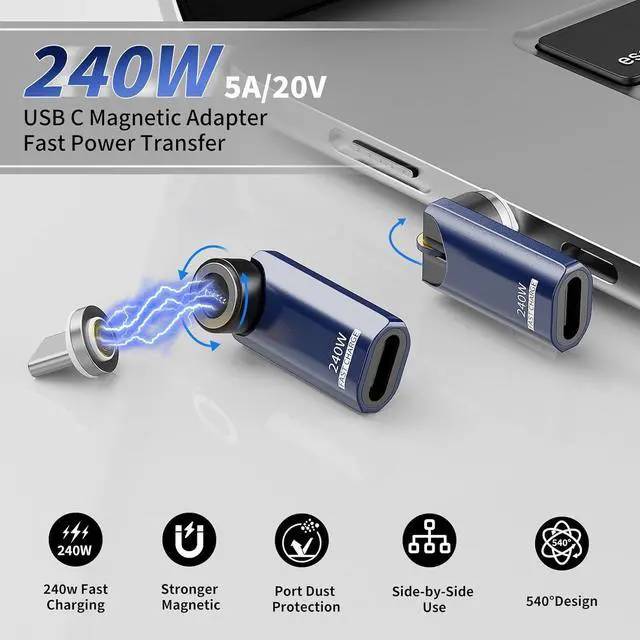 Alt view image 2 of 7 - USB C Magnetic Adapter 240W Rotating 360°+180 Degree Magnetic Type C Port Adapter 9PIN Fast Charging for iPhone 16/15 MacBook Pro/Air iPad Series Switch  Galaxy PS5 PSVR2