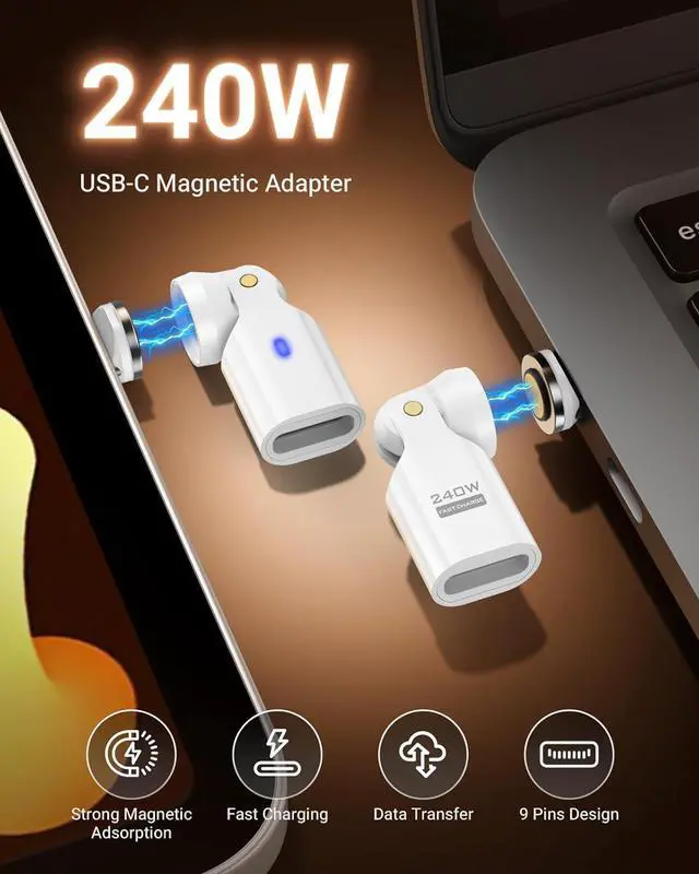 Alt view image 2 of 7 - USB C Magnetic Adapter 240W Magnetic USB C Adapter with 360° 180° Rotating 90 Degree Type-C Adaptor for iPhone 17 Air 16 15 Pro Max MacBook Pro/iPad Series Galaxy S25 S24 White