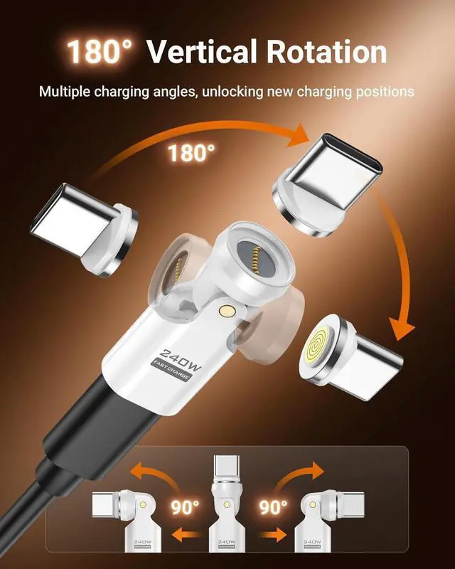 Alt view image 3 of 7 - USB C Magnetic Adapter 240W Magnetic USB C Adapter with 360° 180° Rotating 90 Degree Type-C Adaptor for iPhone 17 Air 16 15 Pro Max MacBook Pro/iPad Series Galaxy S25 S24 White