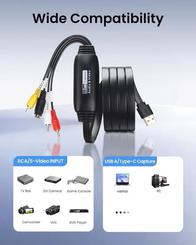 Alt view image 7 of 7 - VHS to Digital Converter USB2.0 Video Cpture Card RCA AV to USB Audio Video Converter 1080P Video Capture Device Convert VHS VCR DVD to Digital Adapter Compatible with Windows Mac OS