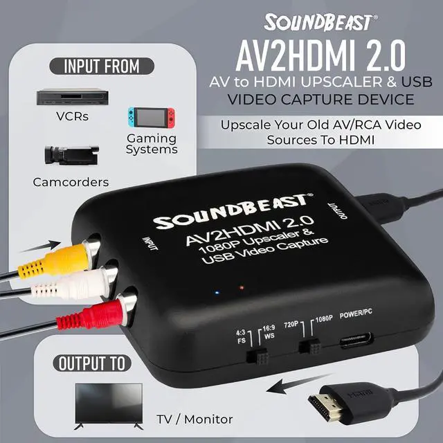 Alt view image 2 of 6 - AV to HDMI Converter & Recorder 2.0 - AV RCA Composite to 1080P HDMI TV Upscaler - for VCR VHS DVD Camcorder Hi8 Gaming - 4:3 Aspect Ratio - USB Video Capture