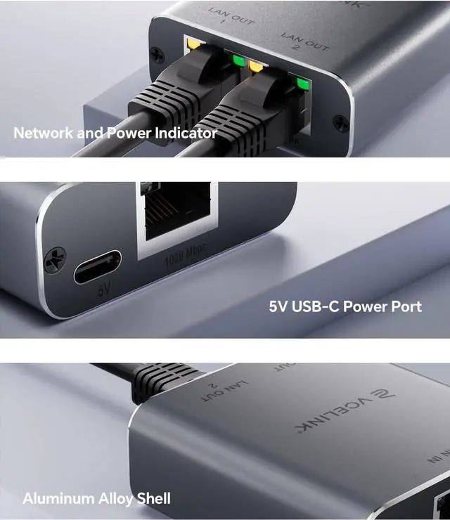 Alt view image 5 of 7 - Ethernet Splitter 1 to 2 1000Mbps Ethernet Switch with USB Power Cable Supports 2 Devices Simultaneously Networking Compatible with Cat7/Cat6/Cat5 Ideal for PS5 Xbox Smart TVs Laptops