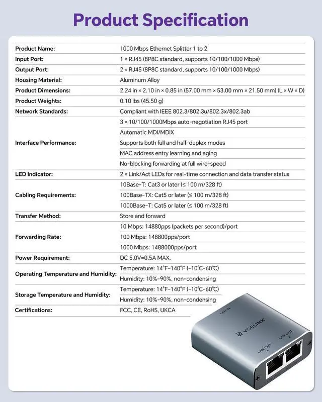Alt view image 7 of 7 - Ethernet Splitter 1 to 2 1000Mbps Ethernet Switch with USB Power Cable Supports 2 Devices Simultaneously Networking Compatible with Cat7/Cat6/Cat5 Ideal for PS5 Xbox Smart TVs Laptops