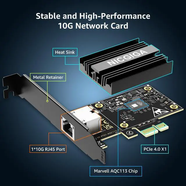 Alt view image 2 of 7 - 2025 New 10G Base-T PCI-e4.0 X1 Network Card Marvell AQC113 Controller 10Gb Ethernet Adapter Support WOL 10Gbe RJ45 Port NIC Card Windows10/11/Windows Server/Linux