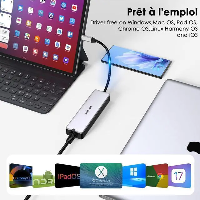 Alt view image 5 of 7 - USB C to Ethernet Adapter 10Gbps Hub with 1* USB-C 2* USB-A 2.5Gbps Ethernet Port for Laptop Type C (Thunderbolt 4/3 Compatible) to Network for MacBook iPad Hp XPS Windows