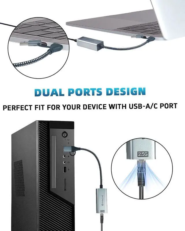 Alt view image 4 of 7 - USB to Ethernet Adapter 2.5Gbps USB C to RJ45 Gigabit LAN 2-in-1 Ethernet Adapter for Laptop (Thunderbolt 4/3 Compatible) Aluminium Shell&Nylon Cable for Laptop MacBook Chromebook PC and More