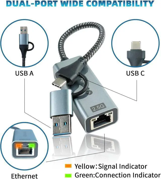 Alt view image 6 of 7 - USB to Ethernet Adapter 2.5Gbps USB C to RJ45 Gigabit LAN 2-in-1 Ethernet Adapter for Laptop (Thunderbolt 4/3 Compatible) Aluminium Shell&Nylon Cable for Laptop MacBook Chromebook PC and More