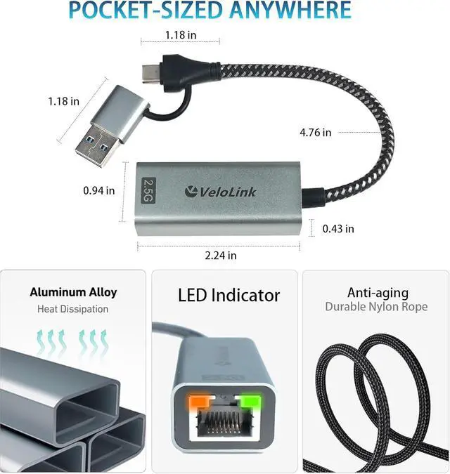 Alt view image 7 of 7 - USB to Ethernet Adapter 2.5Gbps USB C to RJ45 Gigabit LAN 2-in-1 Ethernet Adapter for Laptop (Thunderbolt 4/3 Compatible) Aluminium Shell&Nylon Cable for Laptop MacBook Chromebook PC and More
