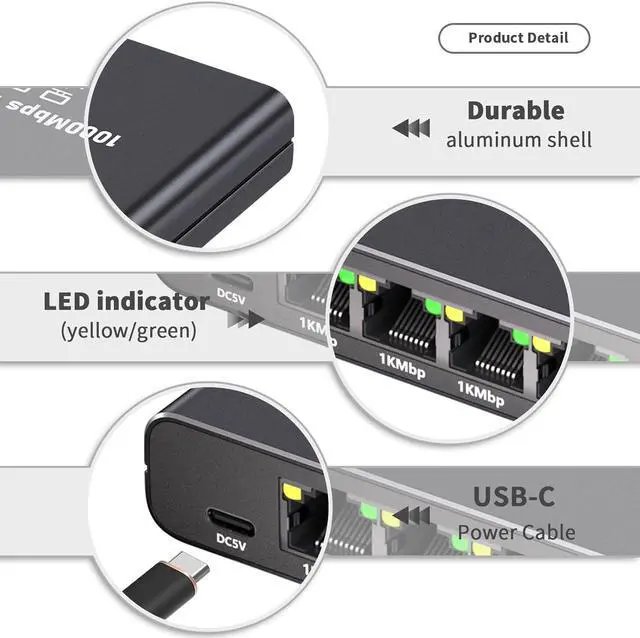 Alt view image 2 of 7 - Gigabit Ethernet Splitter 1 to 4 - 1000Mbps RJ45 Port Router Switch with USB-C Power Plug & Play 1-in-4-Out LAN Adapter for Cat5/5e/6/7/8 Cables High Speed Network Switch for Desktop Printer Camera