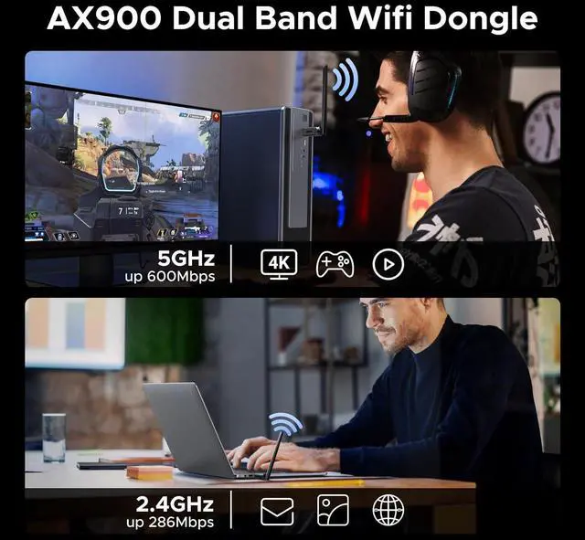 Alt view image 3 of 7 - UGREEN 2-in-1 USB Bluetooth WiFi Adapter, AX900 + Bluetooth 5.4 WiFi 6 Adapter for Desktop PC with 5GHz/2.4GHz Dual Band, 6dBi High Gain Antenna, Built-in Driver for Windows 10/11