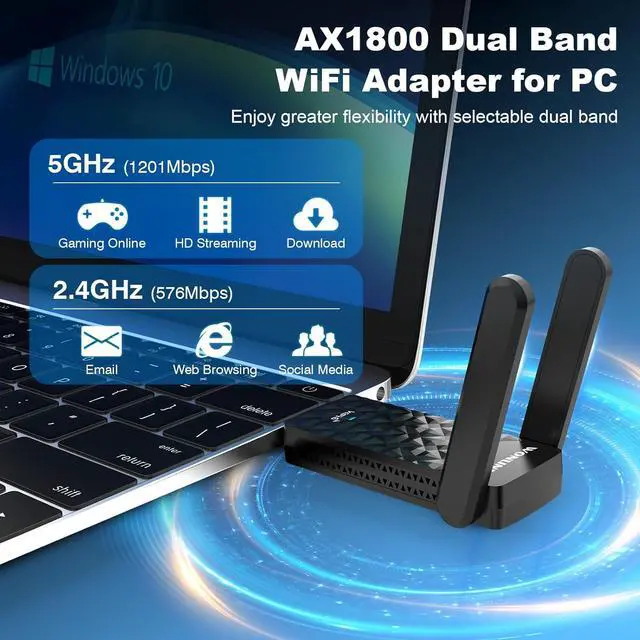 Alt view image 3 of 7 - AX1800 USB WiFi 6 Adapter NA1602 Dual Band WiFi Adapter for Desktop pc with 2 Antennas WPA3MU-MIMO2.4GHz/5GHz USB 3.0 WiFi Dongle Compatible with Windows 10/11