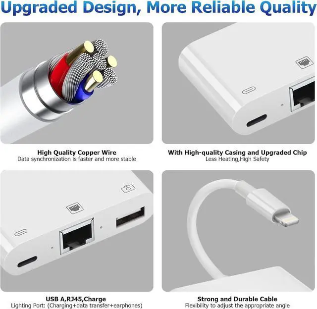Alt view image 7 of 7 - Lightning to RJ45 Ethernet Adapter Network Adapter with Charge Port and USB Port Support USB Flash Drive/Keyboard/Mouse/Came Plug and Play Supports 100Mbps Ethernet Network