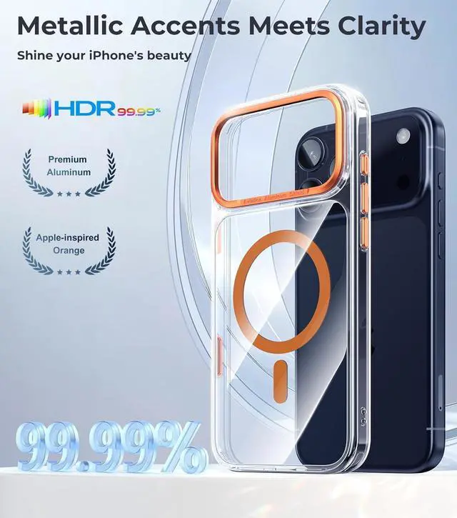 Alt view image 2 of 7 - for iPhone 17 Pro Max Case Clear Orange - Aluminum Camera Frame Magnetic 17 Pro Max Case Fit for Mag Safe Camera Control Transparent Military Shockproof Phone Cover for iPhone 17 Pro Max