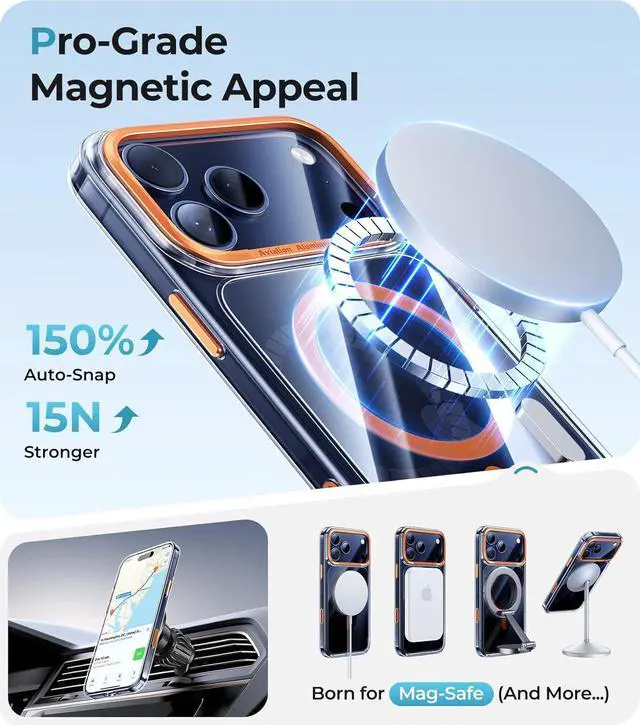 Alt view image 4 of 7 - for iPhone 17 Pro Max Case Clear Orange - Aluminum Camera Frame Magnetic 17 Pro Max Case Fit for Mag Safe Camera Control Transparent Military Shockproof Phone Cover for iPhone 17 Pro Max