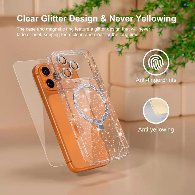 Alt view image 3 of 7 - Compatible with iPhone 17 Pro Max Magnetic Case with Stand Clear Glitter Military-Grade Ring Kickstand [1x Screen Protector] [1x Camera Lens Protectors] Cover Case for Women Girls-Clear