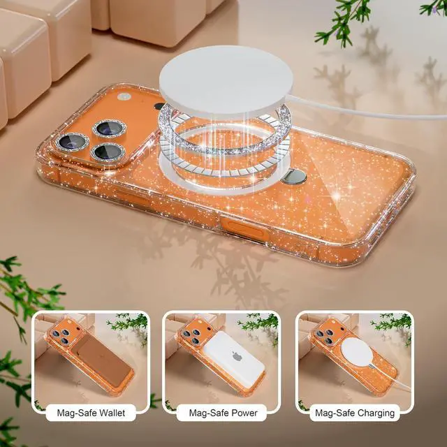 Alt view image 5 of 7 - Compatible with iPhone 17 Pro Max Magnetic Case with Stand Clear Glitter Military-Grade Ring Kickstand [1x Screen Protector] [1x Camera Lens Protectors] Cover Case for Women Girls-Clear