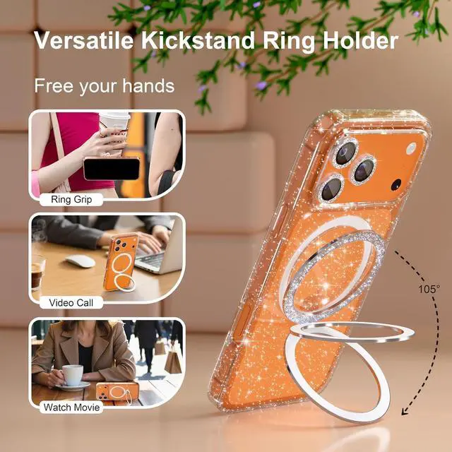 Alt view image 4 of 7 - Compatible with iPhone 17 Pro Max Magnetic Case with Stand Clear Glitter Military-Grade Ring Kickstand [1x Screen Protector] [1x Camera Lens Protectors] Cover Case for Women Girls-Clear