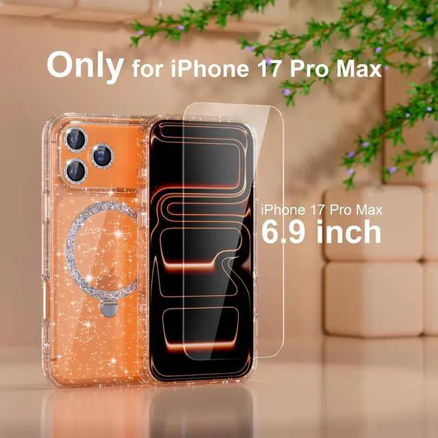 Alt view image 2 of 7 - Compatible with iPhone 17 Pro Max Magnetic Case with Stand Clear Glitter Military-Grade Ring Kickstand [1x Screen Protector] [1x Camera Lens Protectors] Cover Case for Women Girls-Clear