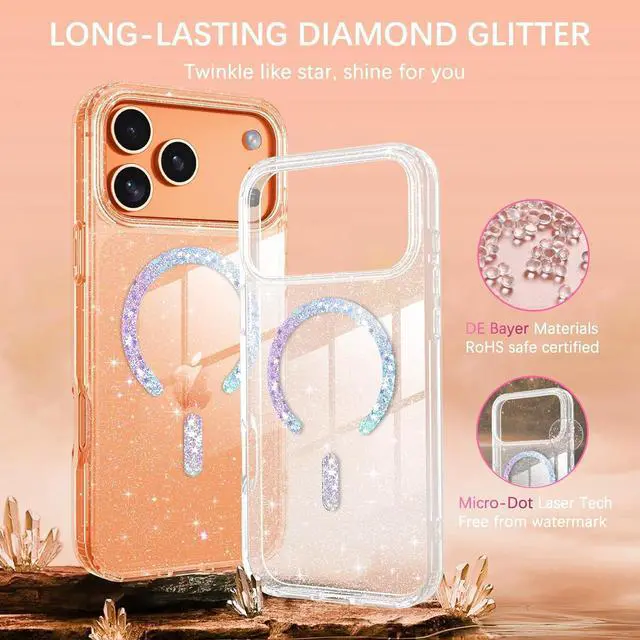 Alt view image 3 of 7 - for iPhone 17 Pro Max Case Magnetic[Compatible with MagSafe] Clear Glitter Anti-Yellowing Bling Sparkle Cover Transparent Protective Phone Case for iPhone 17 Pro Max 6.9 Clear/Glitter