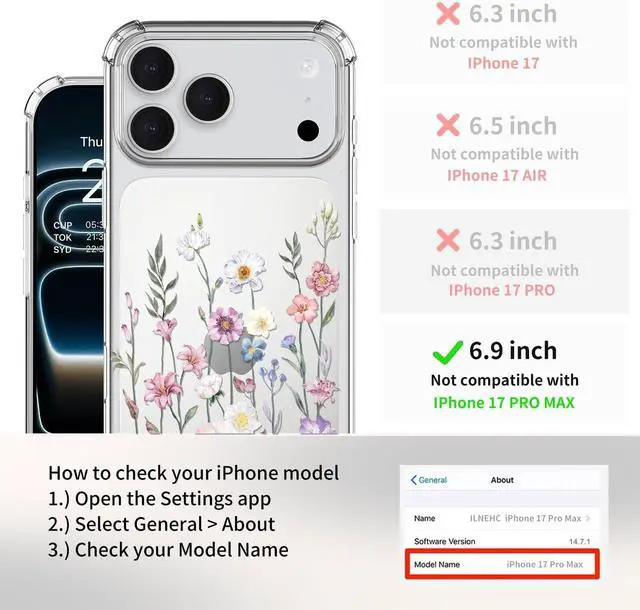 Alt view image 2 of 7 - for iPhone 17 Pro Max Case [3 in 1] with Screen Protector & Camera Lens Protector Flower Pattern Design Clear Soft Shockproof Floral Phone Cover for Women Girls 2025 6.9(Blooming Flowerets)