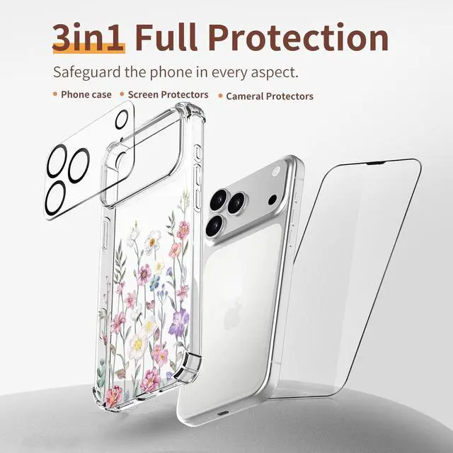 Alt view image 5 of 7 - for iPhone 17 Pro Max Case [3 in 1] with Screen Protector & Camera Lens Protector Flower Pattern Design Clear Soft Shockproof Floral Phone Cover for Women Girls 2025 6.9(Blooming Flowerets)
