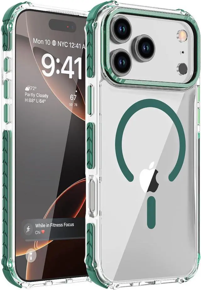Main image of Strong Magnetic Case for iPhone 17 Pro Max 6.9-Inch [Compatible with Magsafe] Clear Slim Shockproof Protective Phone Cover for Women Men-Transparent+Green