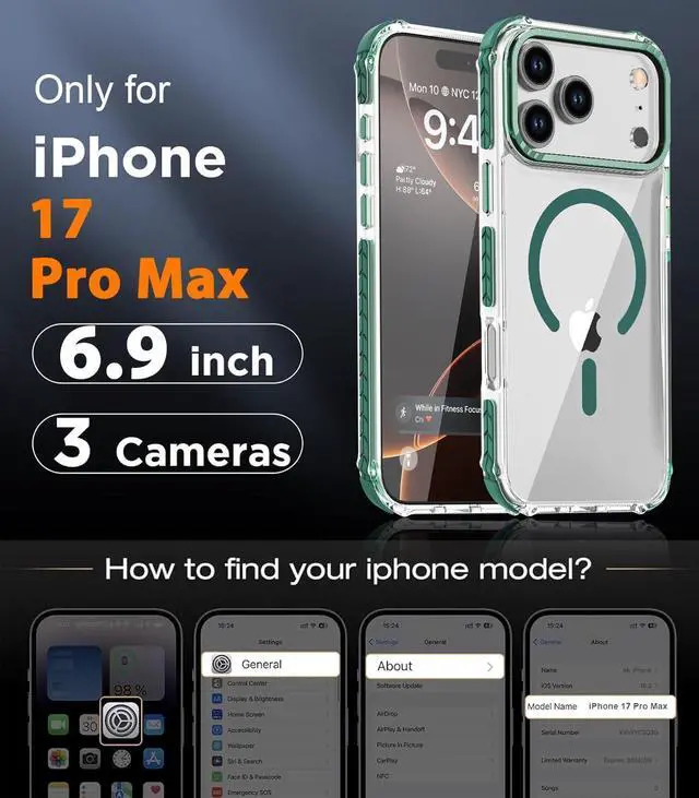 Alt view image 2 of 7 - Strong Magnetic Case for iPhone 17 Pro Max 6.9-Inch [Compatible with Magsafe] Clear Slim Shockproof Protective Phone Cover for Women Men-Transparent+Green