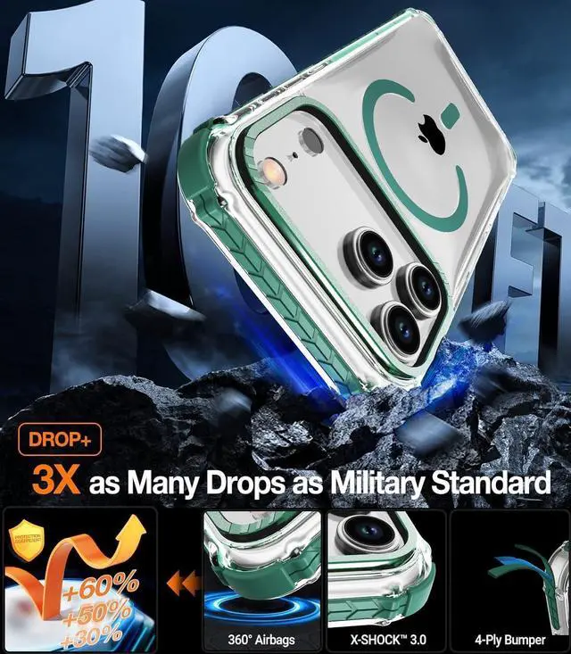 Alt view image 3 of 7 - Strong Magnetic Case for iPhone 17 Pro Max 6.9-Inch [Compatible with Magsafe] Clear Slim Shockproof Protective Phone Cover for Women Men-Transparent+Green