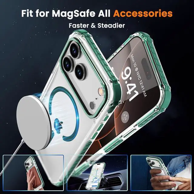 Alt view image 4 of 7 - Strong Magnetic Case for iPhone 17 Pro Max 6.9-Inch [Compatible with Magsafe] Clear Slim Shockproof Protective Phone Cover for Women Men-Transparent+Green