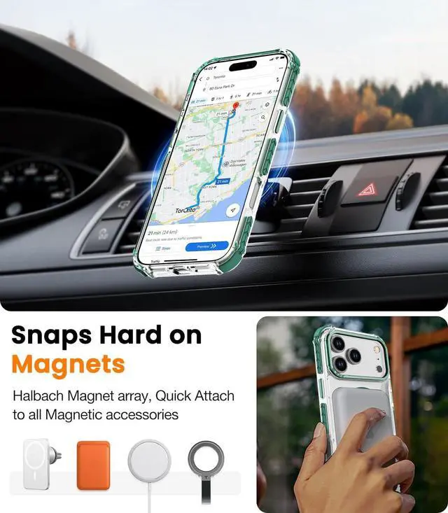 Alt view image 5 of 7 - Strong Magnetic Case for iPhone 17 Pro Max 6.9-Inch [Compatible with Magsafe] Clear Slim Shockproof Protective Phone Cover for Women Men-Transparent+Green
