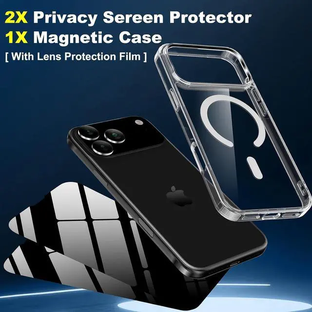 Alt view image 2 of 7 - Magnetic Case for iPhone 17 Pro Max with 2 Privacy Screen Protector [Compatible with MagSafe] Non-Yellowing Shockproof Protective Phone Case for iPhone 17 ProMax Transparent