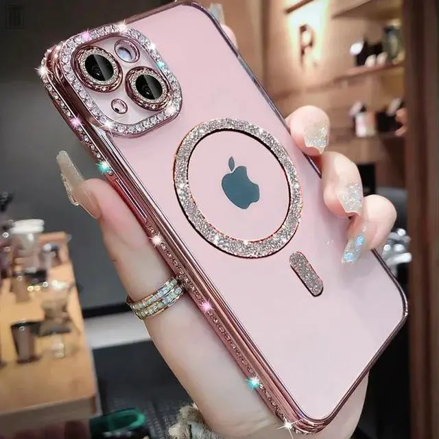 Alt view image 2 of 6 - Magnetic Glitter Diamond for iPhone 16 Pro Max Case[Compatible with MagSafe] Glitter Rhinestone Diamond Camera Lens Protector Plated Clear Slim Military Drop Shockproof Cover for Women Pink