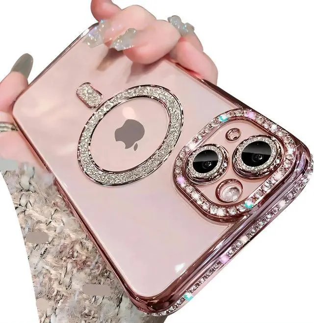 Main image of Magnetic Glitter Diamond for iPhone 16 Pro Max Case[Compatible with MagSafe] Glitter Rhinestone Diamond Camera Lens Protector Plated Clear Slim Military Drop Shockproof Cover for Women Pink