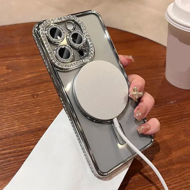 Alt view image 3 of 6 - Magnetic Glitter Diamond for iPhone 16 Pro Max Case[Compatible with MagSafe] Glitter Rhinestone Diamond Camera Lens Protector Plated Clear Slim Military Drop Shockproof Cover for Women Pink