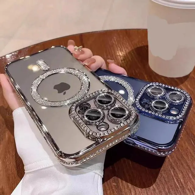 Alt view image 4 of 6 - Magnetic Glitter Diamond for iPhone 16 Pro Max Case[Compatible with MagSafe] Glitter Rhinestone Diamond Camera Lens Protector Plated Clear Slim Military Drop Shockproof Cover for Women Pink